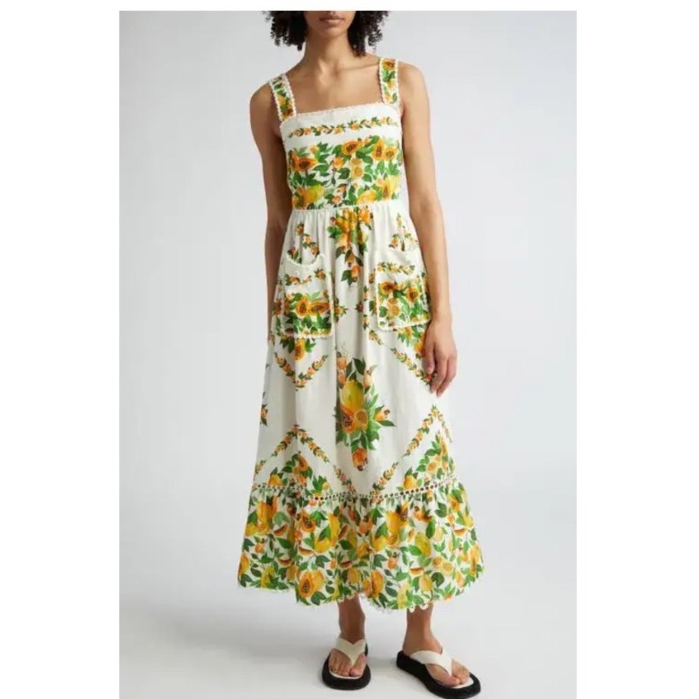 Farm Rio Papaya Salad Scarf Print Linen Blend Maxi Dress Off-White Medium
